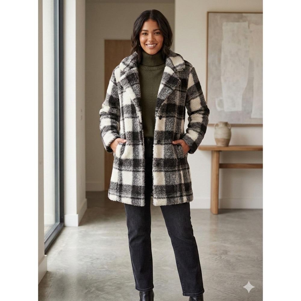 Love Tree Black White Buffalo Plaid Sherpa Coat Faux Shearling Jacket Small
